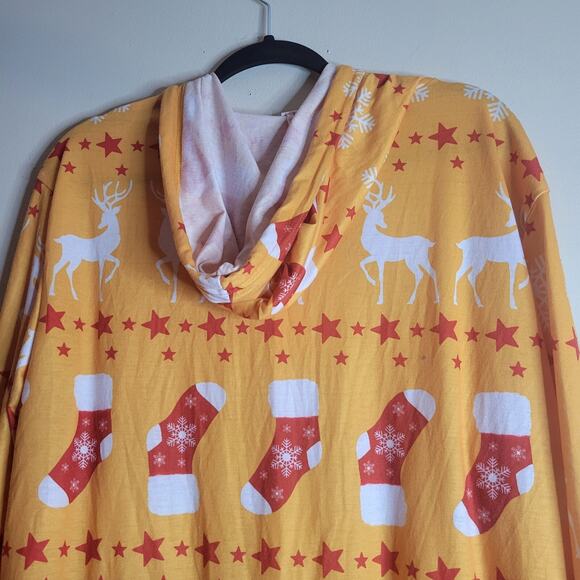 Christmas One Pc Hooded Pajamas Orange Size Large Stocking Reindeer Stars Flake - Picture 6 of 7